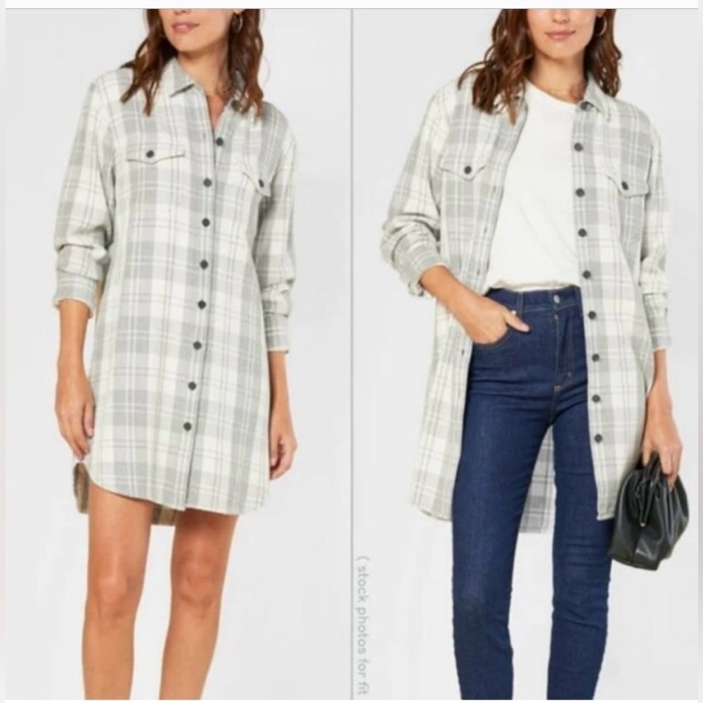 NWT Outerknown Blanket Shirt Dress Organic Cotton Plaid Grey White L - Picture 3 of 16